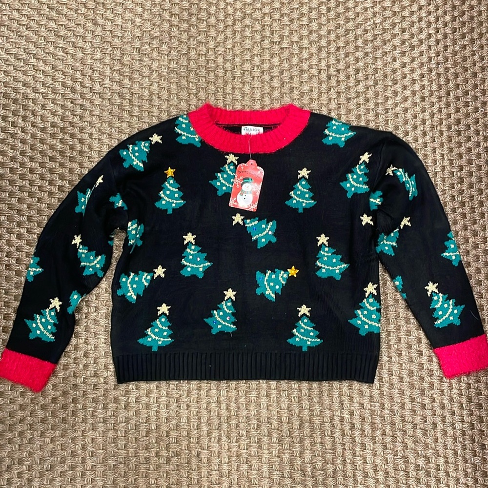 NWT Major Label Black Christmas Holiday Sweater With Christmas Trees